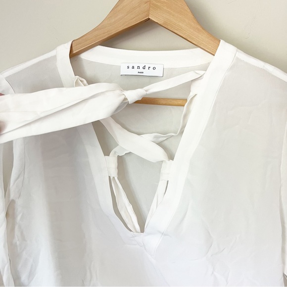 Sandro Paris Cleo Tie Lace Up Silk Blouse Ecru Off-White 2 EU 38 NWOT - Picture 5 of 15